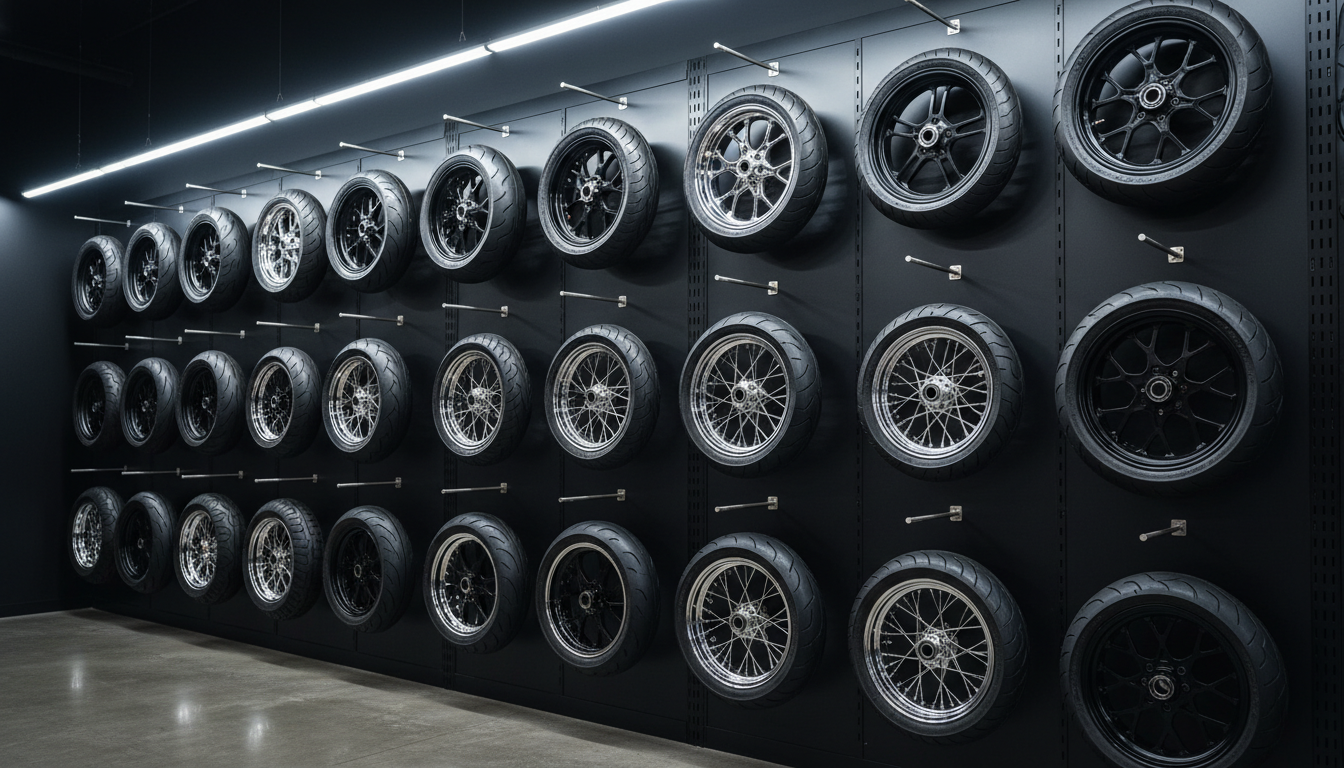 A well-organized wall display featuring a diverse selection of motorcycle rims and tires in various diameters and profiles, each mounted on sleek, minimalist hooks. The metal display wall has a matte-black, industrial finish, highlighting the glossy and rugged textures of the tires. Overhead strip lighting provides even, bright illumination, enhancing depth and shadow contrast while making each product pop. The camera captures the entire display from a frontal, eye-level viewpoint, employing a wide-angle lens for maximum clarity and presence. The mood is bold and dynamic, presenting the shop’s range and professionalism in a clean, contemporary style ideally matched to a specialized moto tire retailer.