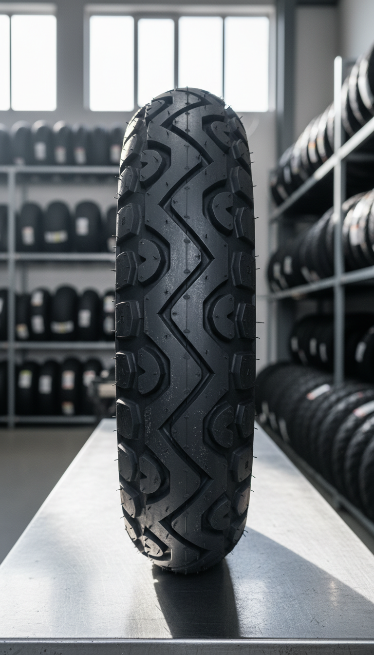 A highly detailed black motorcycle tire with intricate tread patterns and a robust sidewall, sporting subtle branding and fine rubber textures, is displayed on a polished steel workbench in a tidy, modern tire shop. The background features rows of neatly stacked motorcycle tires in various sizes against clean shelving, all bathed in soft diffused daylight from high windows above. The lighting creates crisp highlights along the tire's edges and gentle shadows on the work surface, emphasizing the craftsmanship and quality. Captured at eye-level with a centered composition and shallow depth of field, the image exudes professionalism and reliability. The aesthetic is clean, modern, and realistic, perfectly suited to convey trust and expertise for a specialized moto tire store.