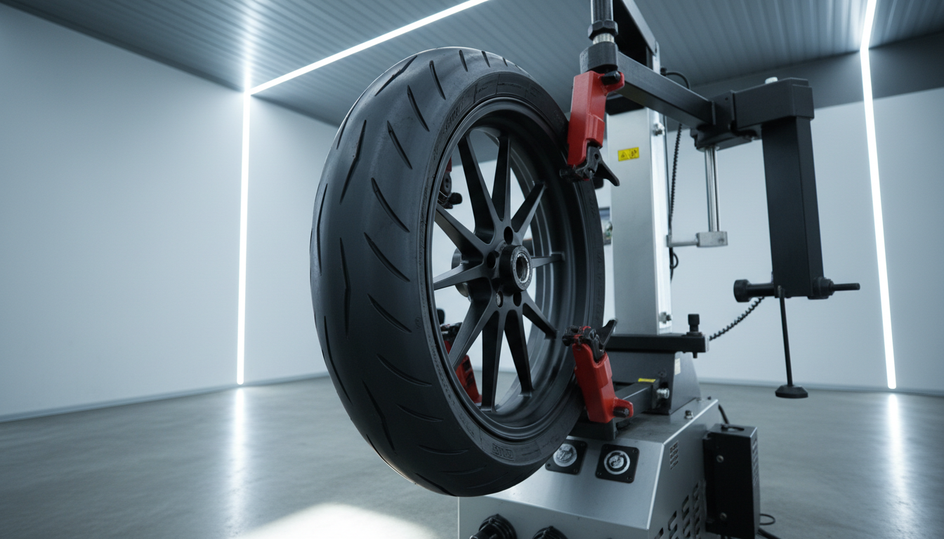 A gleaming, brand-new motorcycle tire being expertly mounted onto a modern rim using a professional tire changing machine, all set within a spotless installation bay. The tire features distinctive tread blocks and a flawless rubber sheen, while the mechanic’s hands are absent, ensuring a focus solely on the tools and product. Bright, cool-tone LED lighting floods the area, creating sharp highlights along the metallic machine and the tire’s surfaces, with precise shadows below. The camera is positioned at a low side angle for an action-driven composition, placing strong emphasis on service quality and technical skill. The style is realistic, sharp, and technologically advanced, underscoring the shop’s efficiency and expertise.