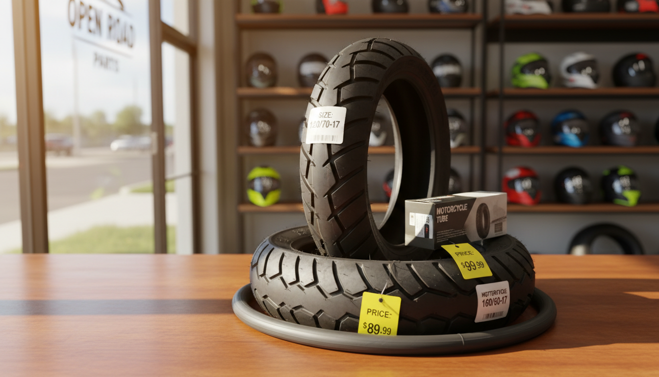 A close-up shot of a vibrant combo pack of motorcycle tires and tubes, both brand-new and meticulously arranged on a rich wooden counter. Each tire showcases deep, angular tread grooves, with labels highlighting popular sizes and affordable pricing tags elegantly attached. The scene is set near a large glass storefront, allowing warm, inviting daylight to illuminate the product and cast soft, natural shadows across the counter. The background is softly blurred, showing hints of the spacious, well-organized shop interior. Photographed from a slight overhead angle, the image captures clarity and detail, conveying a sense of value and accessibility. The mood is welcoming and trustworthy, with a crisp, modern, and approachable visual style.