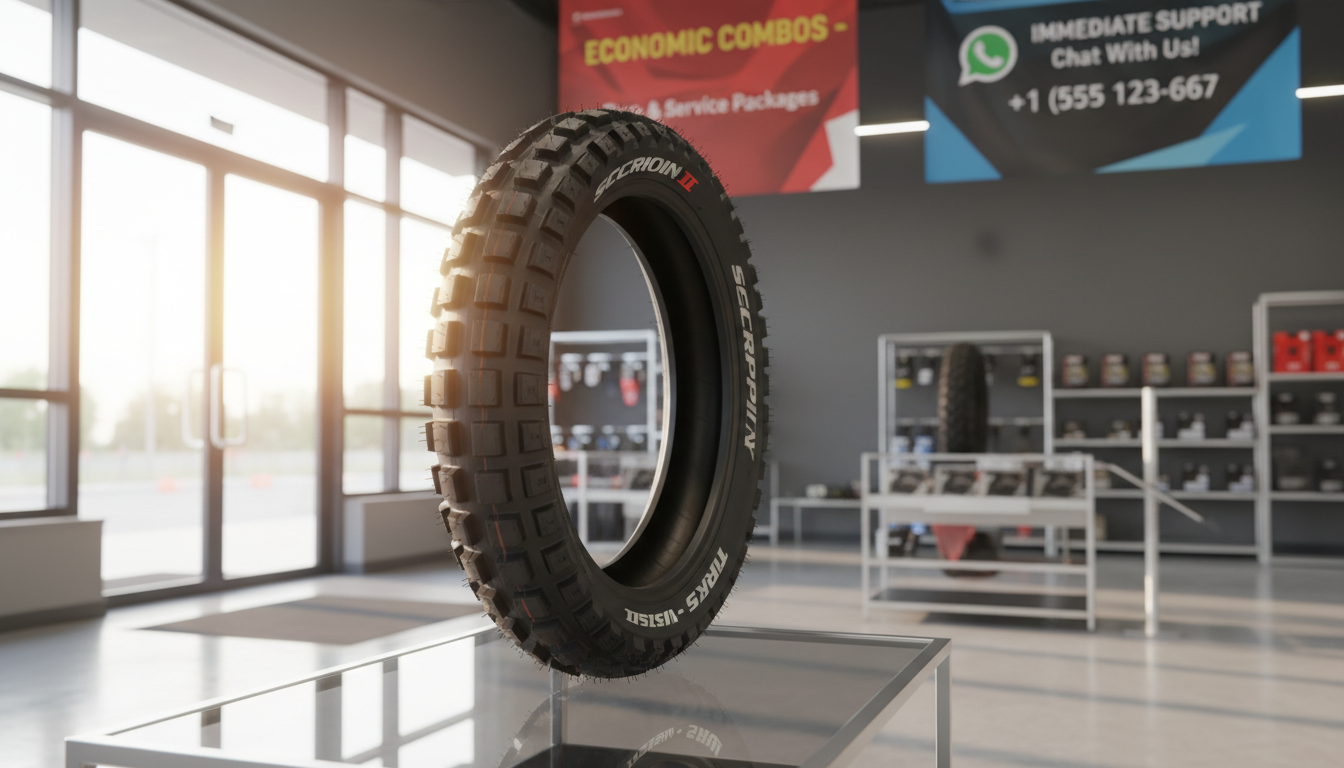 A detailed shot of a single, popular-size motorcycle tire with deep, aggressive tread patterns and branded sidewalls, carefully balanced upright on a reflective glass display shelf near the shop entrance. Sunlight streams in through large windows, producing a luminous, natural highlight around the tire and soft reflections on the glass. In the softly out-of-focus background, promotional banners for economic combos and WhatsApp immediate support are subtly visible. Taken from a slight three-quarter angle, the composition draws attention to the product’s quality and the shop’s customer-centric offers. The mood is approachable and trustworthy, with a polished, modern visual tone aligning with the store’s attentive and fast service.