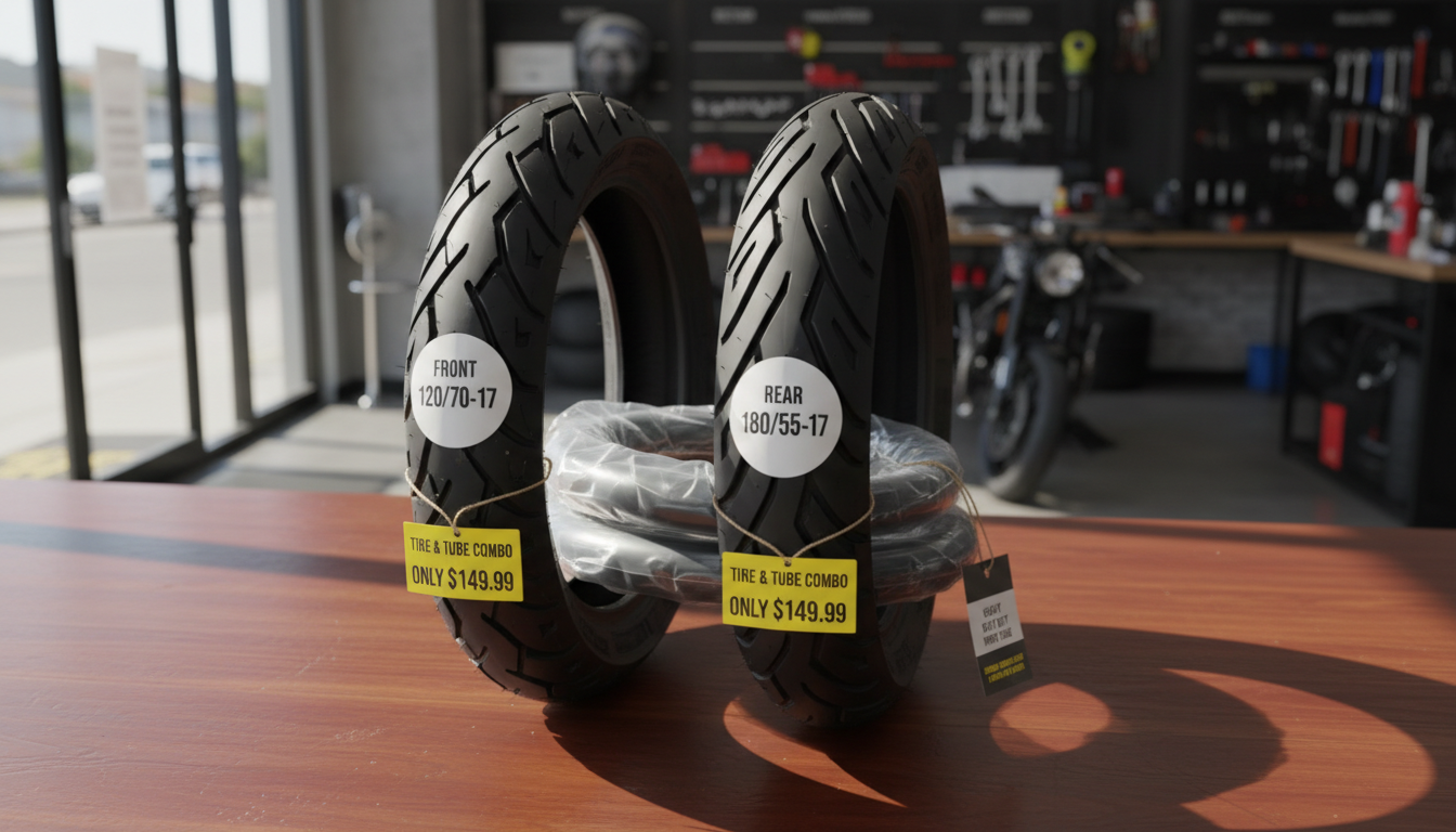 A close-up shot of a vibrant combo pack of motorcycle tires and tubes, both brand-new and meticulously arranged on a rich wooden counter. Each tire showcases deep, angular tread grooves, with labels highlighting popular sizes and affordable pricing tags elegantly attached. The scene is set near a large glass storefront, allowing warm, inviting daylight to illuminate the product and cast soft, natural shadows across the counter. The background is softly blurred, showing hints of the spacious, well-organized shop interior. Photographed from a slight overhead angle, the image captures clarity and detail, conveying a sense of value and accessibility. The mood is welcoming and trustworthy, with a crisp, modern, and approachable visual style.