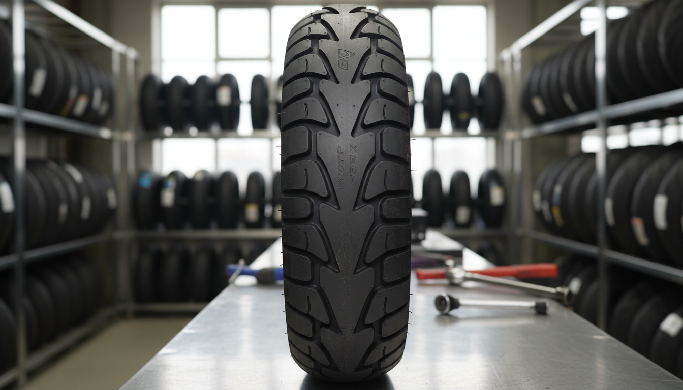 A highly detailed black motorcycle tire with intricate tread patterns and a robust sidewall, sporting subtle branding and fine rubber textures, is displayed on a polished steel workbench in a tidy, modern tire shop. The background features rows of neatly stacked motorcycle tires in various sizes against clean shelving, all bathed in soft diffused daylight from high windows above. The lighting creates crisp highlights along the tire's edges and gentle shadows on the work surface, emphasizing the craftsmanship and quality. Captured at eye-level with a centered composition and shallow depth of field, the image exudes professionalism and reliability. The aesthetic is clean, modern, and realistic, perfectly suited to convey trust and expertise for a specialized moto tire store.
